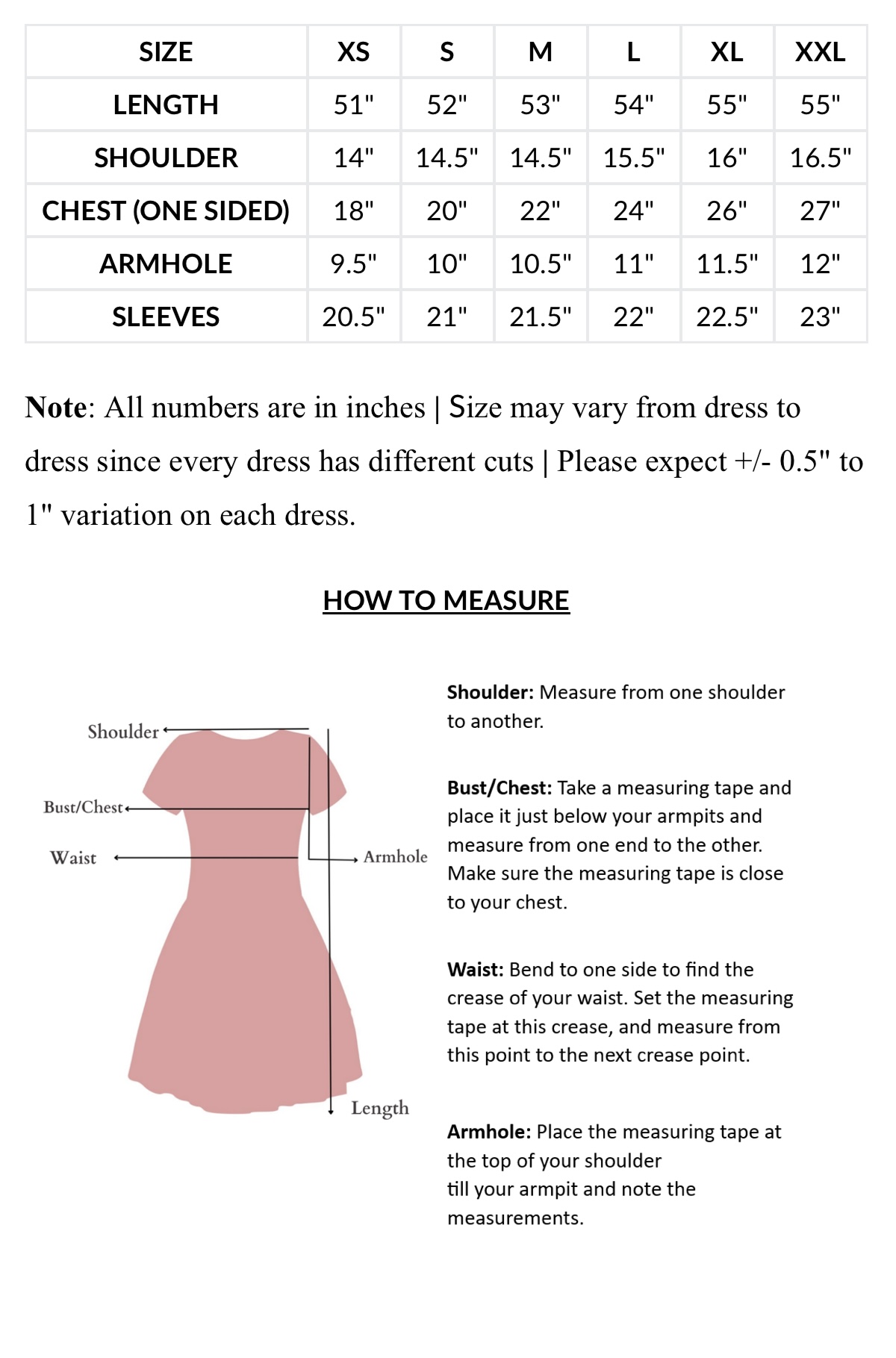 Dress Size Chart